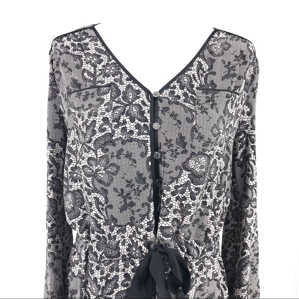 Rebecca Taylor Gray Black Silk Lace Print 100% Silk Long Sleeve Dress - Picture 3 of 10